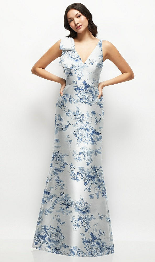 Front View - Cottage Rose Larkspur Deep V-back Floral Satin Trumpet Dress with One-Shoulder Cascading Bow