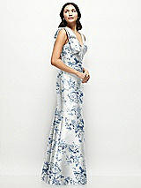 Side View Thumbnail - Cottage Rose Larkspur Deep V-back Floral Satin Trumpet Dress with One-Shoulder Cascading Bow