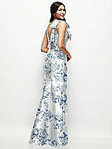 Rear View Thumbnail - Cottage Rose Larkspur Deep V-back Floral Satin Trumpet Dress with One-Shoulder Cascading Bow