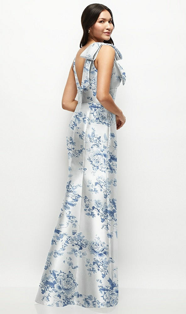 Back View - Cottage Rose Larkspur Deep V-back Floral Satin Trumpet Dress with One-Shoulder Cascading Bow