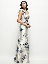 Side View Thumbnail - Inkwash Blue Floral Deep V-back Floral Satin Trumpet Dress with One-Shoulder Cascading Bow