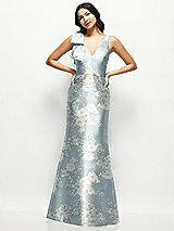 Front View Thumbnail - Porcelain Blue Seraphina Floral Deep V-back Floral Satin Trumpet Dress with One-Shoulder Cascading Bow
