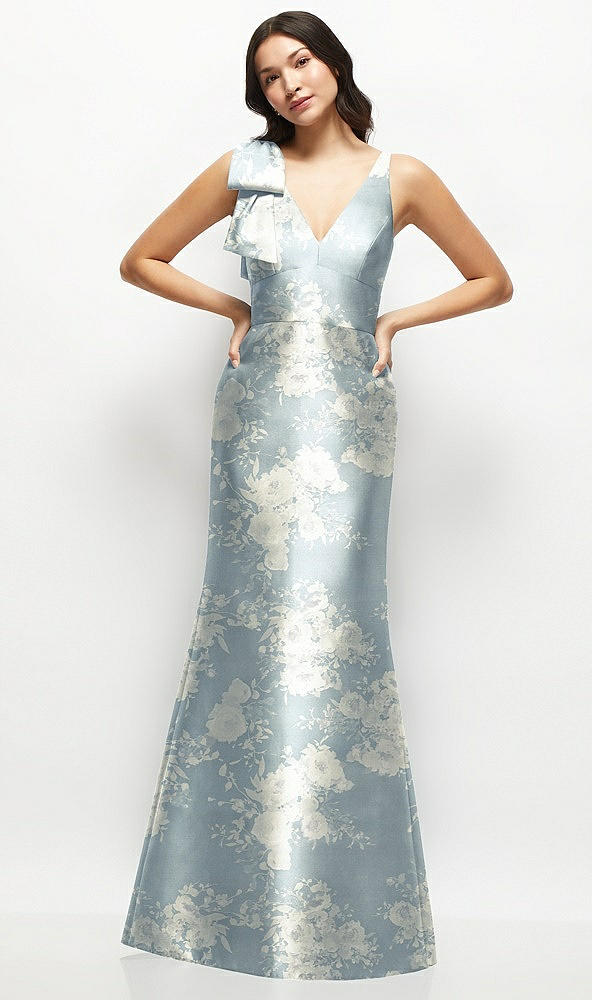 Front View - Porcelain Blue Seraphina Floral Deep V-back Floral Satin Trumpet Dress with One-Shoulder Cascading Bow