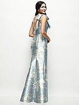 Rear View Thumbnail - Porcelain Blue Seraphina Floral Deep V-back Floral Satin Trumpet Dress with One-Shoulder Cascading Bow