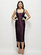Front View Thumbnail - Deep Plum Scoop Neck Corset Satin Midi Dress with Floor-Length Bow Tails