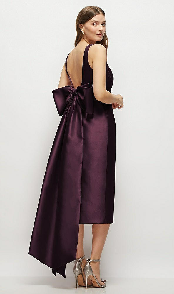 Back View - Deep Plum Scoop Neck Corset Satin Midi Dress with Floor-Length Bow Tails