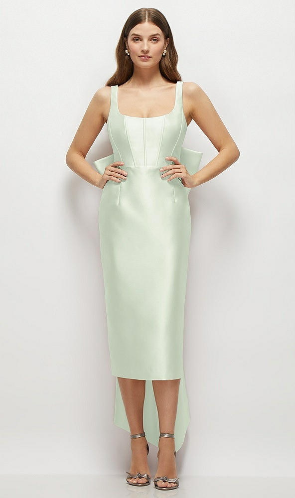 Front View - Mint Green Scoop Neck Corset Satin Midi Dress with Floor-Length Bow Tails