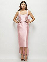 Front View Thumbnail - Ballet Pink Scoop Neck Corset Satin Midi Dress with Floor-Length Bow Tails