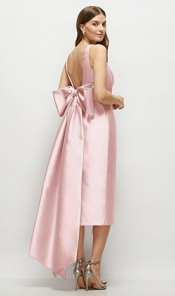 Back View - Ballet Pink Scoop Neck Corset Satin Midi Dress with Floor-Length Bow Tails