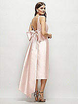 Rear View Thumbnail - Blush Scoop Neck Corset Satin Midi Dress with Floor-Length Bow Tails
