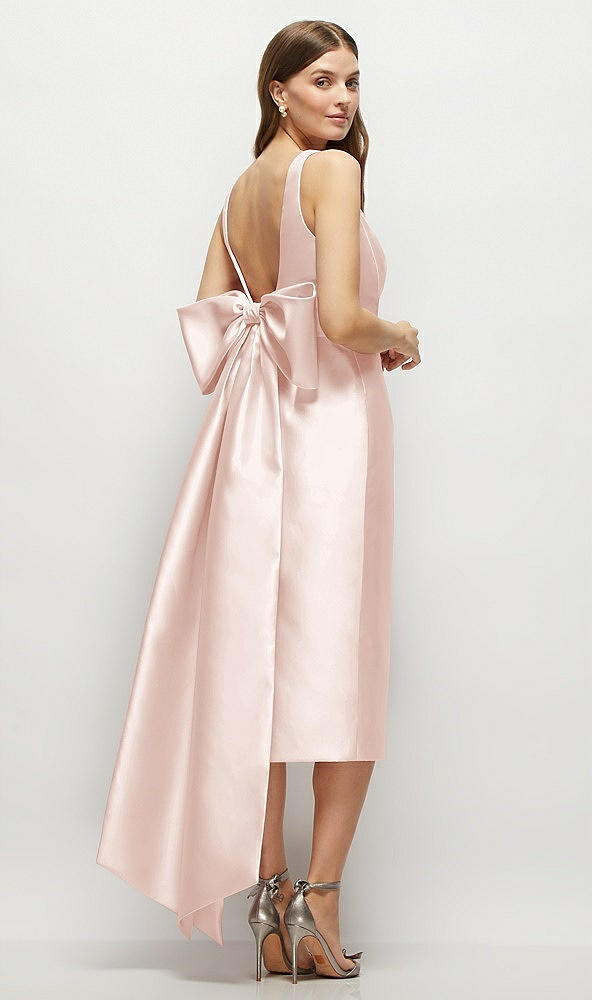 Back View - Blush Scoop Neck Corset Satin Midi Dress with Floor-Length Bow Tails