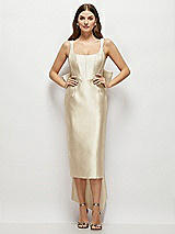 Front View Thumbnail - Champagne Scoop Neck Corset Satin Midi Dress with Floor-Length Bow Tails