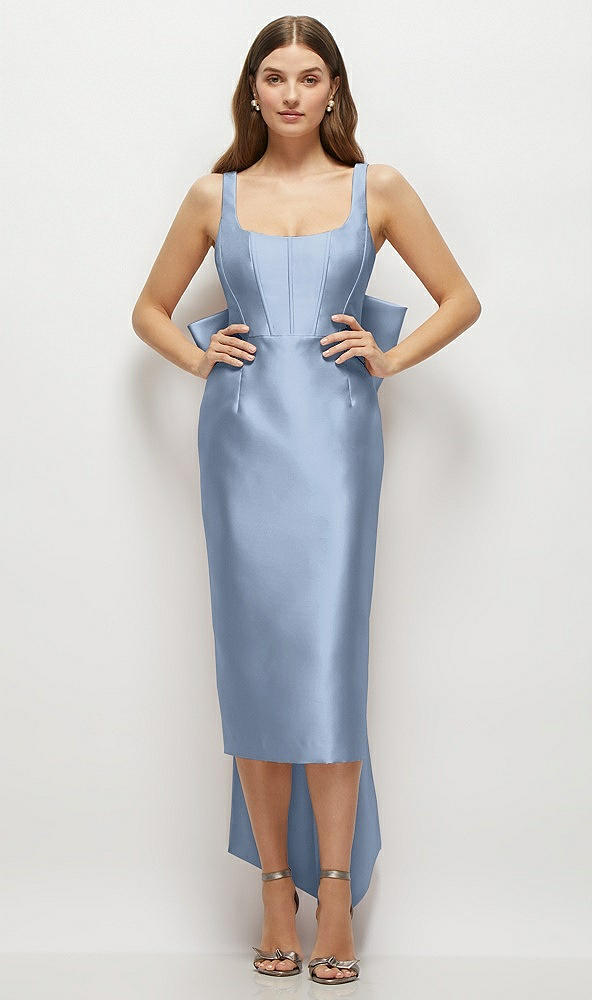Front View - Cloudy Scoop Neck Corset Satin Midi Dress with Floor-Length Bow Tails