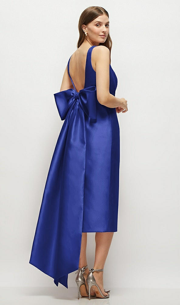Back View - Cobalt Blue Scoop Neck Corset Satin Midi Dress with Floor-Length Bow Tails