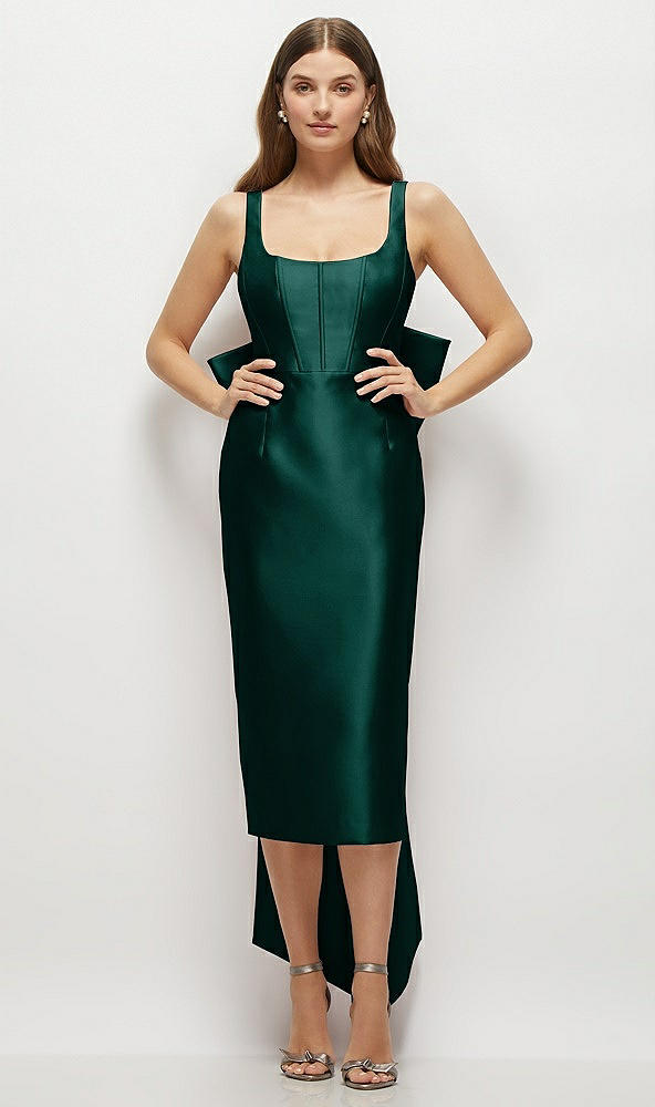 Front View - Evergreen Scoop Neck Corset Satin Midi Dress with Floor-Length Bow Tails