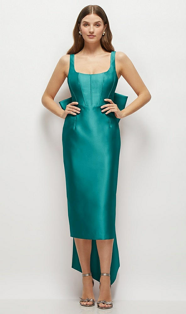 Front View - Jade Scoop Neck Corset Satin Midi Dress with Floor-Length Bow Tails