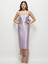 Front View Thumbnail - Lilac Haze Scoop Neck Corset Satin Midi Dress with Floor-Length Bow Tails