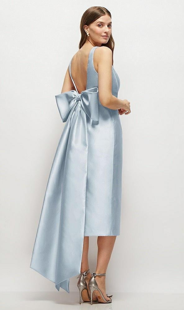 Back View - Mist Scoop Neck Corset Satin Midi Dress with Floor-Length Bow Tails