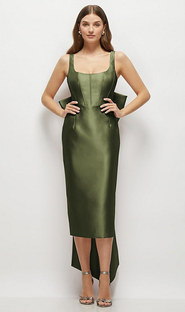 Front View - Olive Green Scoop Neck Corset Satin Midi Dress with Floor-Length Bow Tails