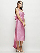 Side View Thumbnail - Powder Pink Scoop Neck Corset Satin Midi Dress with Floor-Length Bow Tails