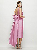 Rear View Thumbnail - Powder Pink Scoop Neck Corset Satin Midi Dress with Floor-Length Bow Tails