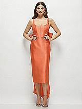 Front View Thumbnail - Portofino Orange Scoop Neck Corset Satin Midi Dress with Floor-Length Bow Tails