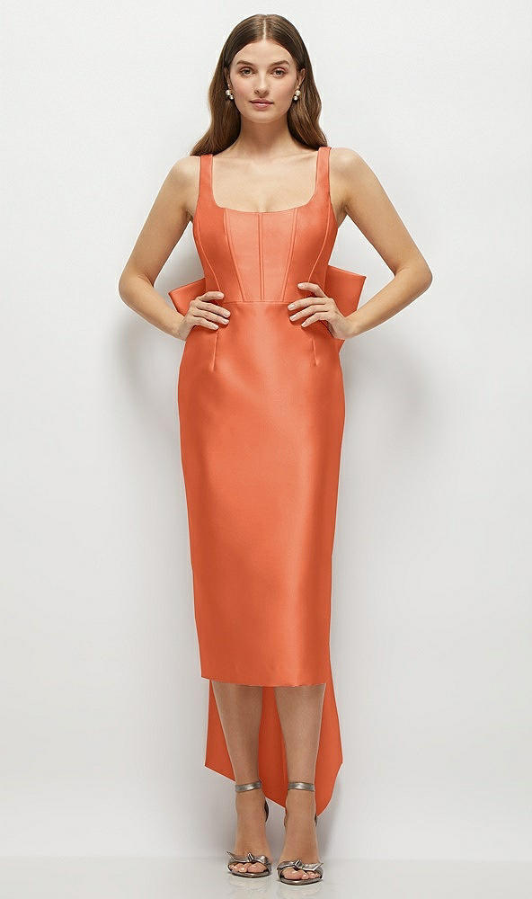 Front View - Portofino Orange Scoop Neck Corset Satin Midi Dress with Floor-Length Bow Tails