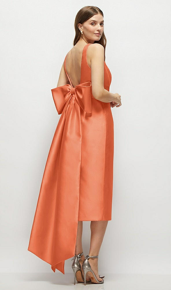 Back View - Portofino Orange Scoop Neck Corset Satin Midi Dress with Floor-Length Bow Tails