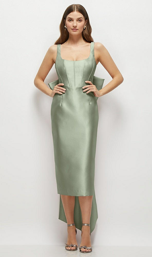 Front View - Sage Scoop Neck Corset Satin Midi Dress with Floor-Length Bow Tails