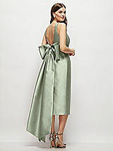 Rear View Thumbnail - Sage Scoop Neck Corset Satin Midi Dress with Floor-Length Bow Tails