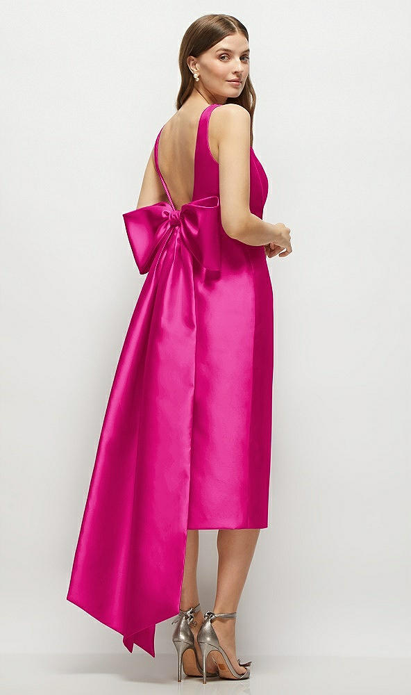 Back View - Think Pink Scoop Neck Corset Satin Midi Dress with Floor-Length Bow Tails
