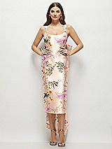 Front View Thumbnail - Butterfly Botanica Pink Sand Floral Scoop Neck Corset Satin Midi Dress with Floor-Length Bow Tails