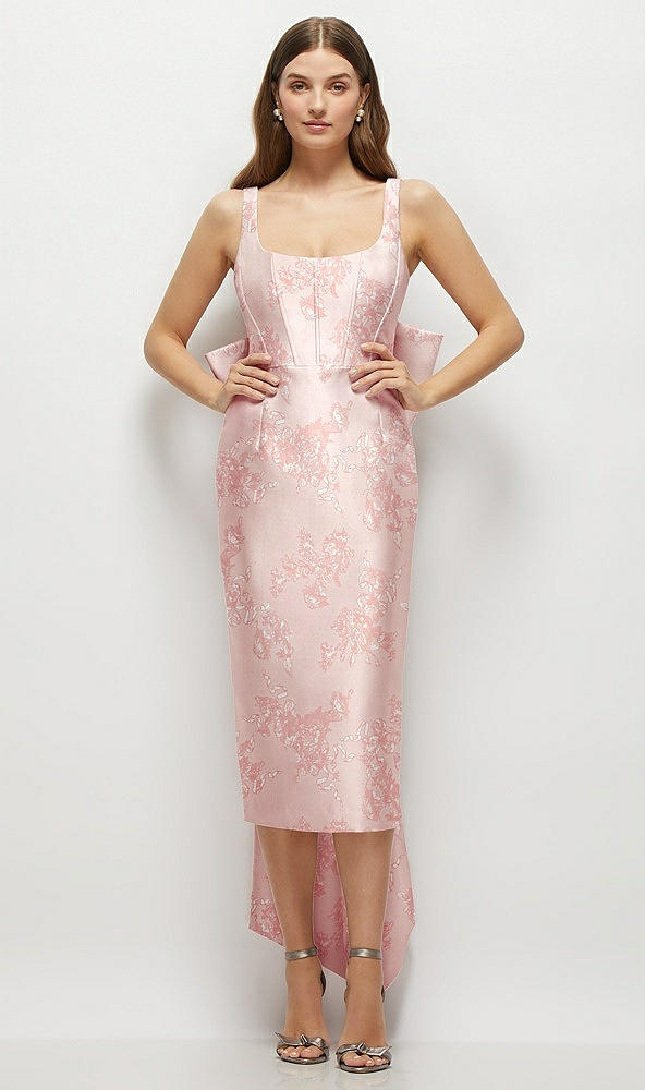Front View - Bow And Blossom Print Floral Scoop Neck Corset Satin Midi Dress with Floor-Length Bow Tails