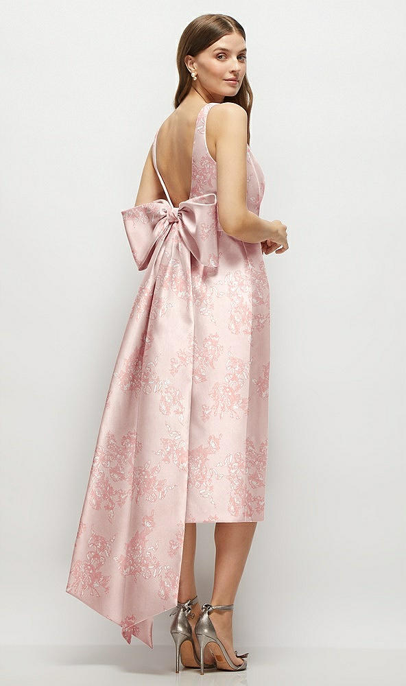 Back View - Bow And Blossom Print Floral Scoop Neck Corset Satin Midi Dress with Floor-Length Bow Tails