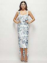Front View Thumbnail - Cottage Rose Larkspur Floral Scoop Neck Corset Satin Midi Dress with Floor-Length Bow Tails