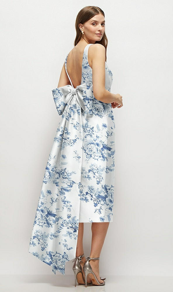 Back View - Cottage Rose Larkspur Floral Scoop Neck Corset Satin Midi Dress with Floor-Length Bow Tails