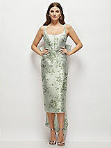Front View Thumbnail - Sage Cottage Rose Floral Scoop Neck Corset Satin Midi Dress with Floor-Length Bow Tails