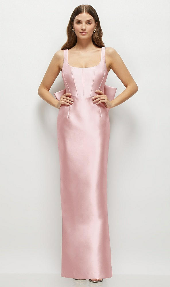 Back View - Ballet Pink Scoop Neck Corset Satin Maxi Dress with Floor-Length Bow Tails