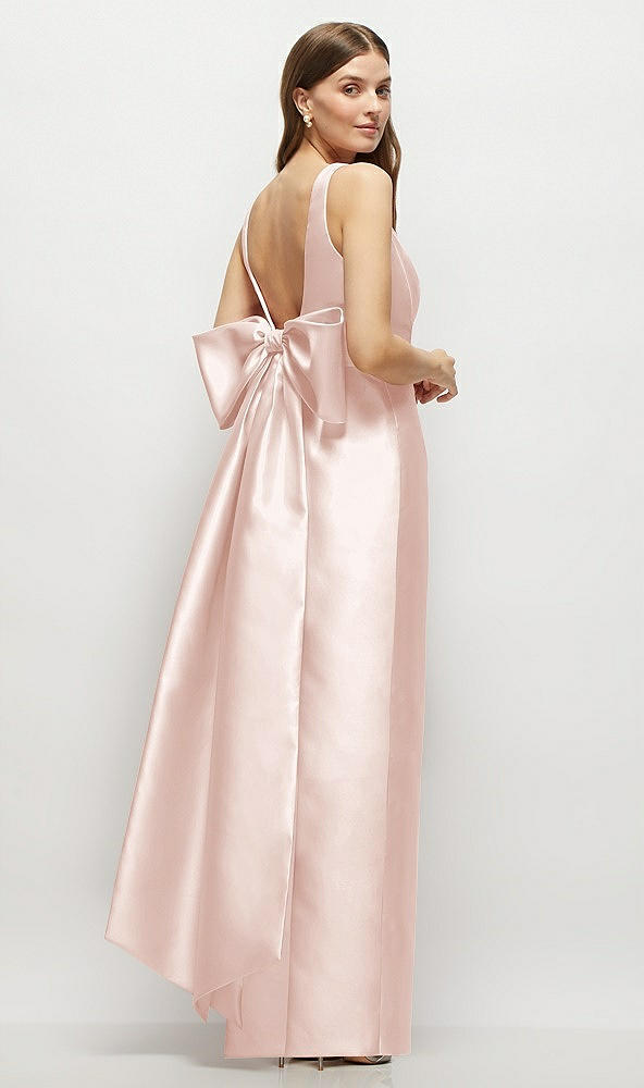 Front View - Blush Scoop Neck Corset Satin Maxi Dress with Floor-Length Bow Tails