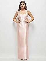 Rear View Thumbnail - Blush Scoop Neck Corset Satin Maxi Dress with Floor-Length Bow Tails
