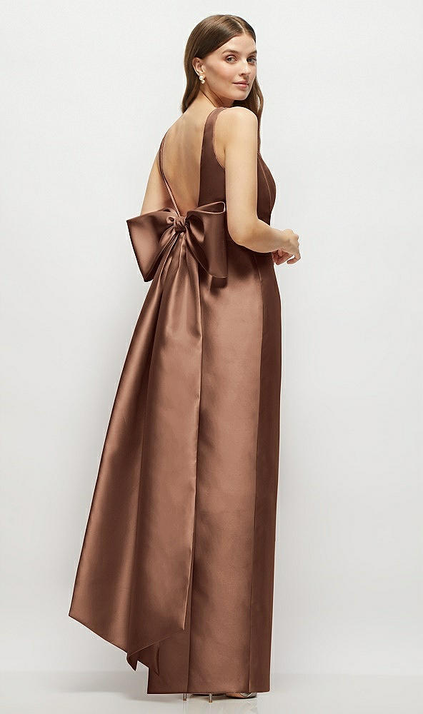 Front View - Cognac Scoop Neck Corset Satin Maxi Dress with Floor-Length Bow Tails