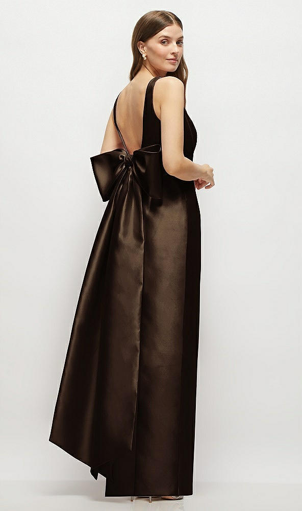 Front View - Espresso Scoop Neck Corset Satin Maxi Dress with Floor-Length Bow Tails