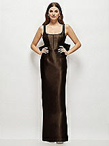 Rear View Thumbnail - Espresso Scoop Neck Corset Satin Maxi Dress with Floor-Length Bow Tails