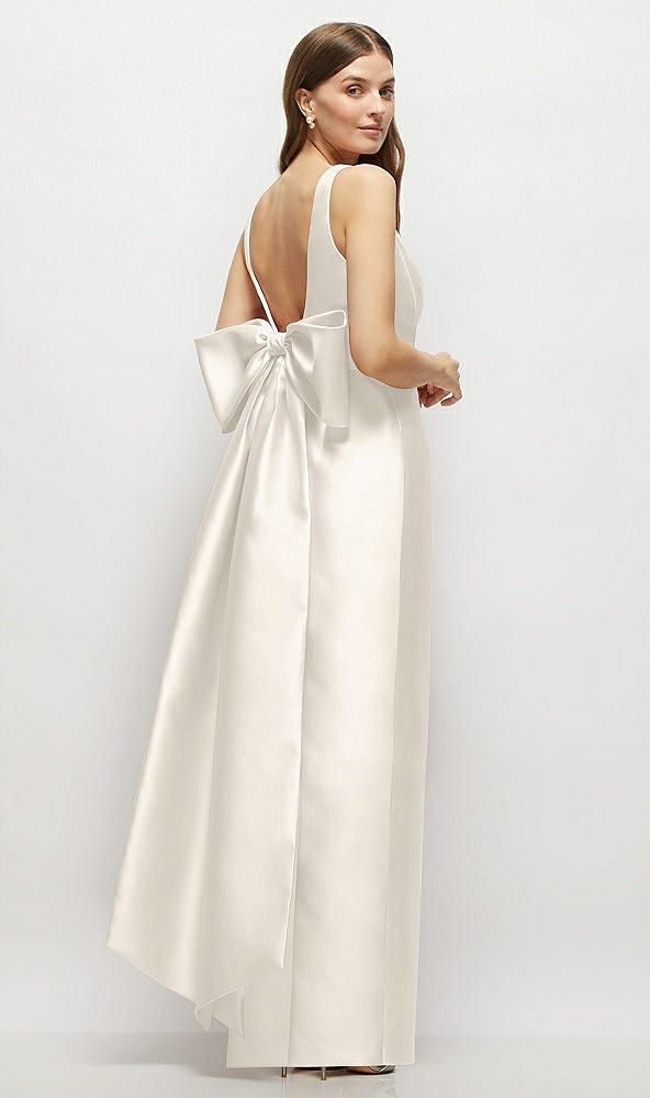 Front View - Ivory Scoop Neck Corset Satin Maxi Dress with Floor-Length Bow Tails