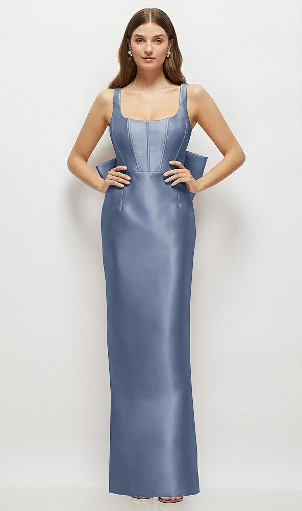 Back View - Larkspur Blue Scoop Neck Corset Satin Maxi Dress with Floor-Length Bow Tails