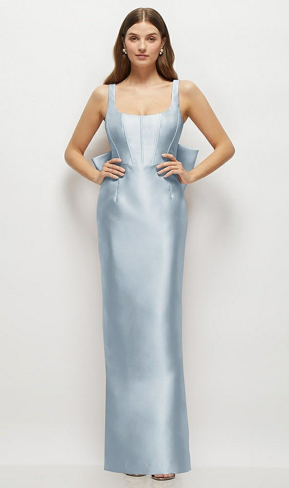 Back View - Mist Scoop Neck Corset Satin Maxi Dress with Floor-Length Bow Tails