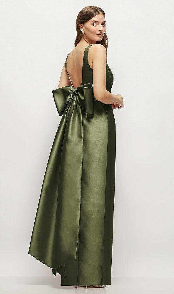 Front View - Olive Green Scoop Neck Corset Satin Maxi Dress with Floor-Length Bow Tails