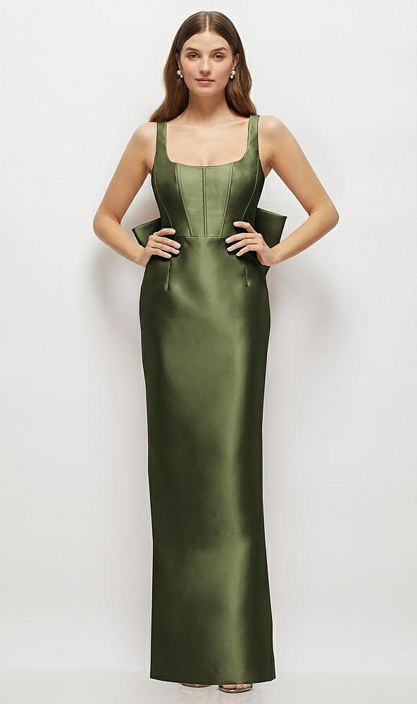 Back View - Olive Green Scoop Neck Corset Satin Maxi Dress with Floor-Length Bow Tails