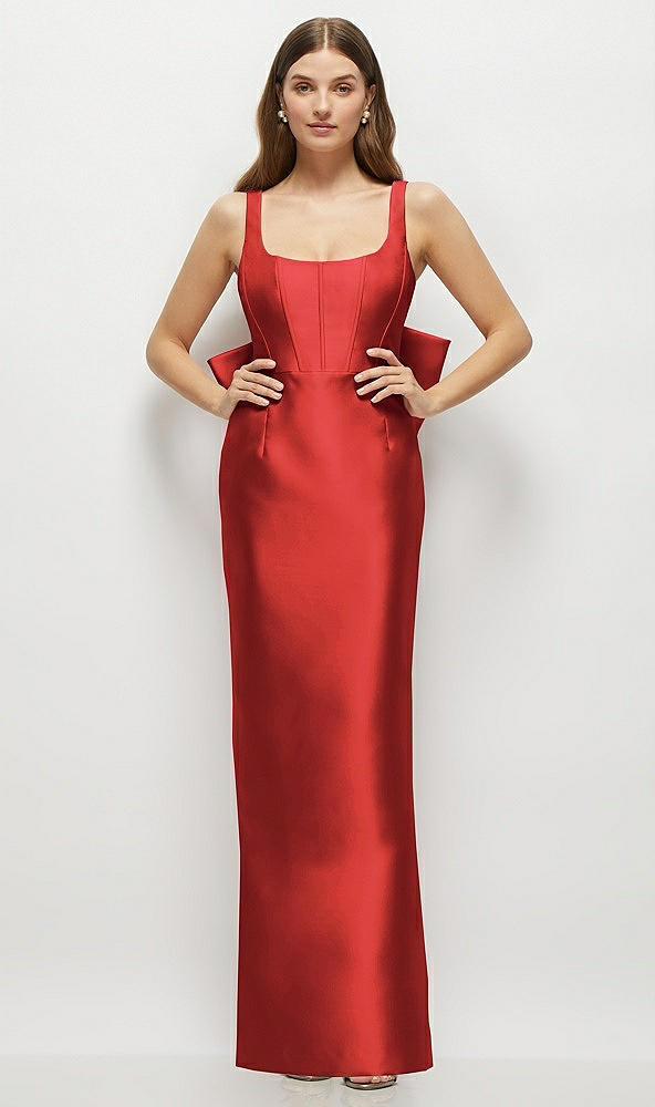 Back View - Poppy Red Scoop Neck Corset Satin Maxi Dress with Floor-Length Bow Tails