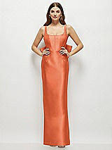 Rear View Thumbnail - Portofino Orange Scoop Neck Corset Satin Maxi Dress with Floor-Length Bow Tails